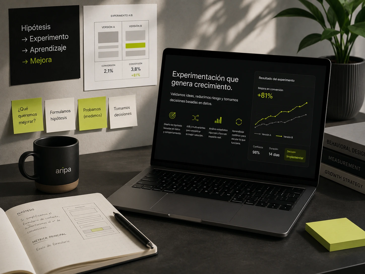 Growth marketing y experimentacion digital con hipotesis, test A B y aprendizaje medible